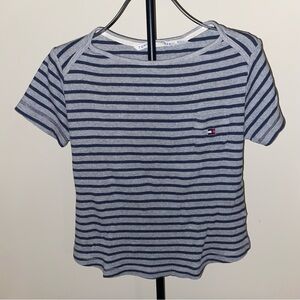 Tommy Hilfiger Size Large Navy And Grey Striped Baby Tee Vintage Y2K